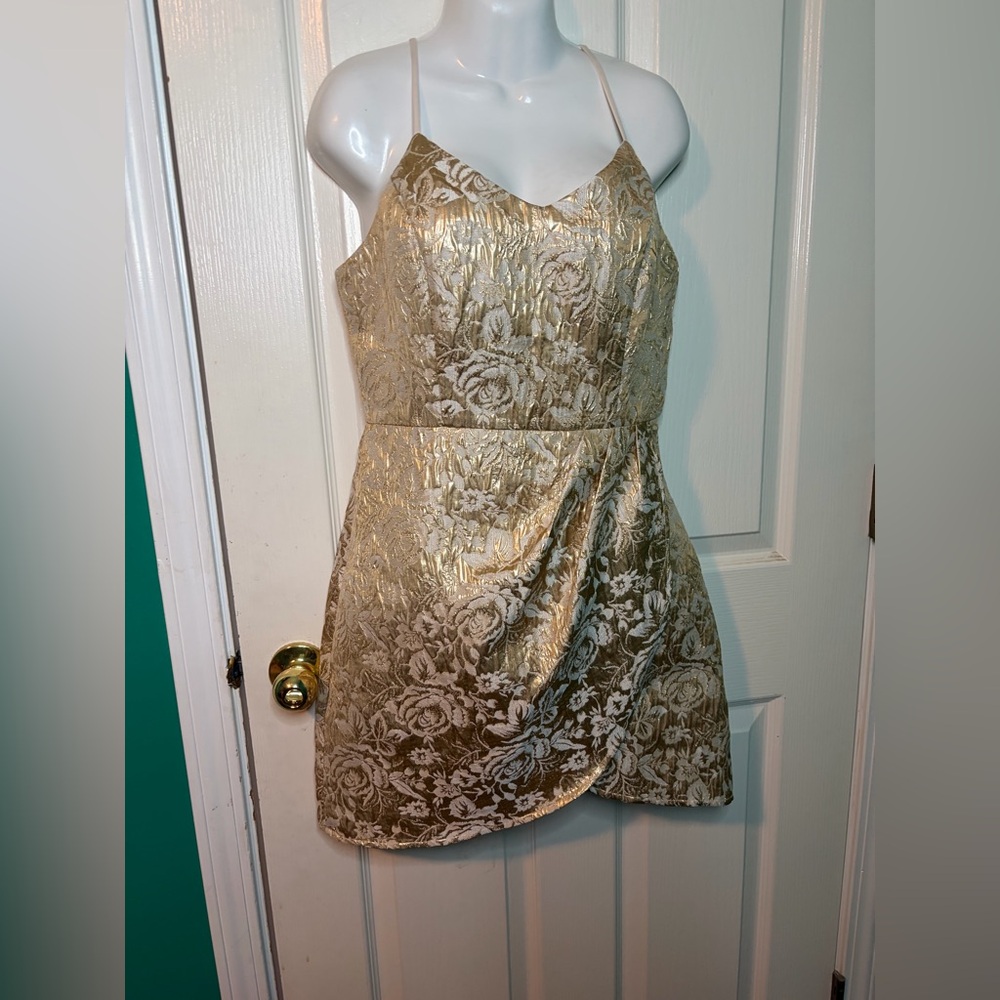 Lulus Gold Ivory Floral Metallic Mini A-Line Dress V-Neck Strappy Sleeveless S